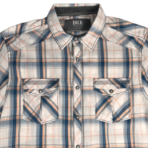 BKE Other - BKE Athletic Fit Mens L Plaid Pearl Snap Long Sleeve Blue Orange Buckle White